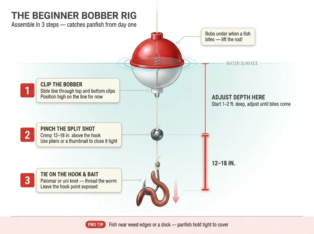 Step-by-step diagram showing bobber rig assembly with bobber, split shot 12–18 inches above hook, depth and spacing labeled for panfish fishing