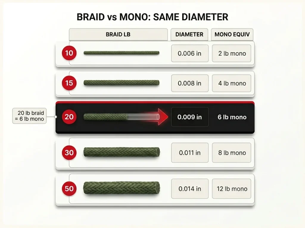 Chart mapping braid pound tests to diameter and equivalent mono pound test, showing 20 lb braid runs as thin as 6 lb mono