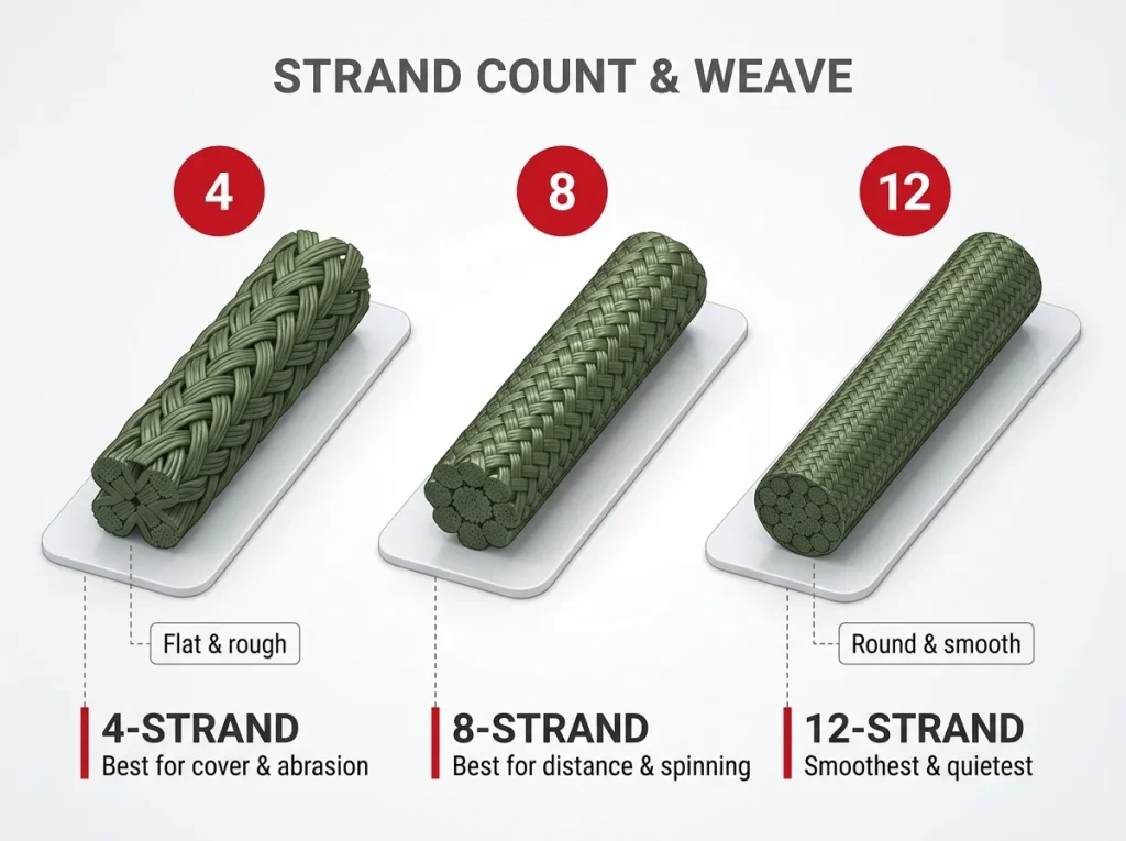 Diagram comparing 4-strand, 8-strand, and 12-strand braided line cross-sections with flat-rough vs round-smooth profiles and best-for notes
