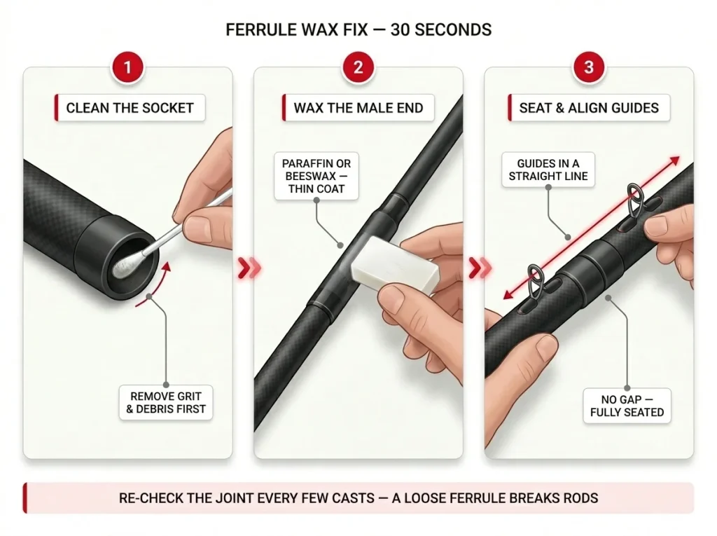 Three-step infographic showing the 30-second ferrule wax fix: cotton swab cleaning female socket, wax on male ferrule, and sections seated with guides aligned
