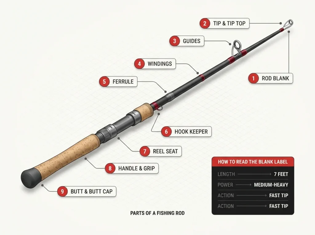  Labeled fishing rod anatomy diagram showing all 9 parts tip-to-butt with leader lines and a spec decoder inset for 7ft MH Fast