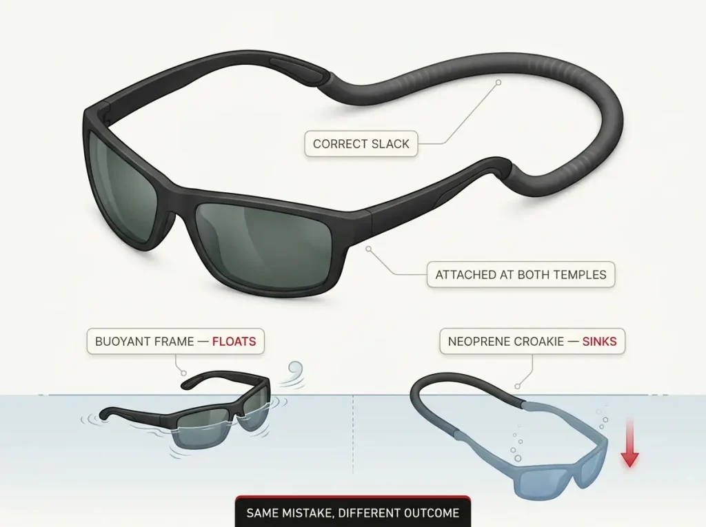 Annotated diagram of a rigged sunglasses retainer with correct strap slack, contrasting a buoyant frame floating with a neoprene croakie sinking