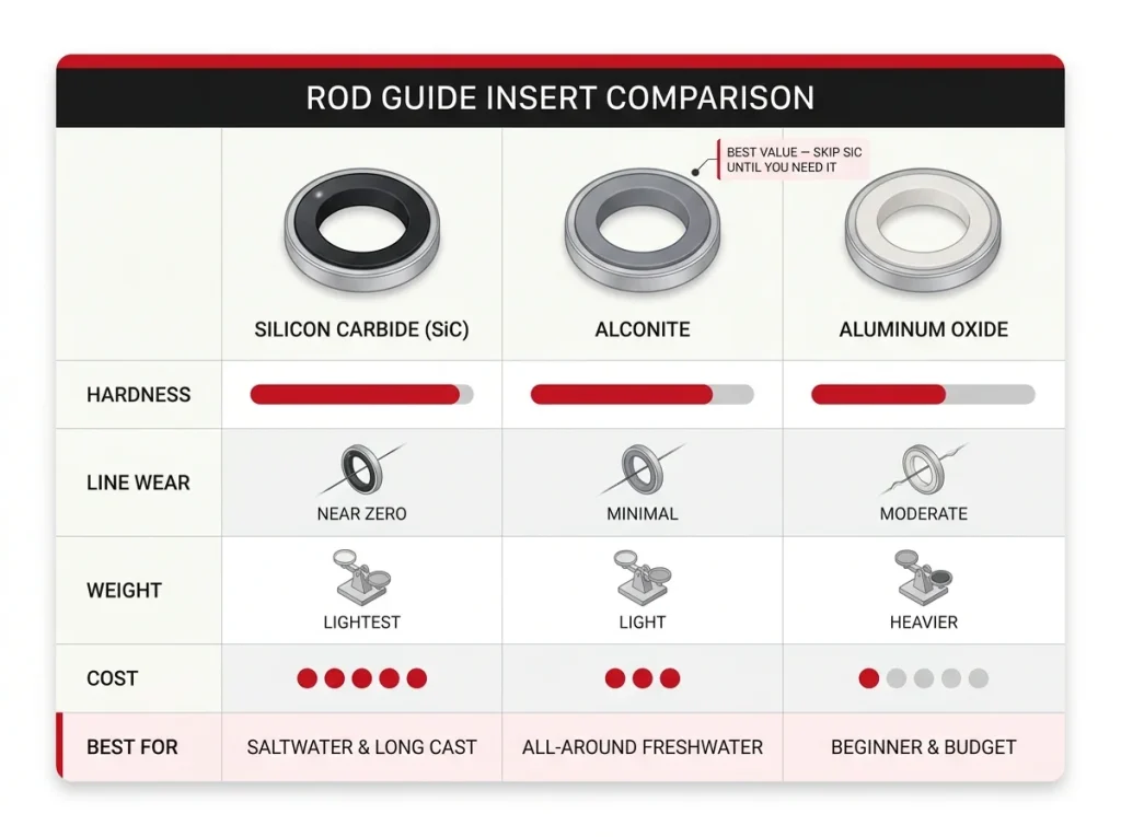 Three-column comparison infographic of SiC vs Alconite vs aluminum oxide rod guide inserts scored on hardness, weight, cost, and best use case