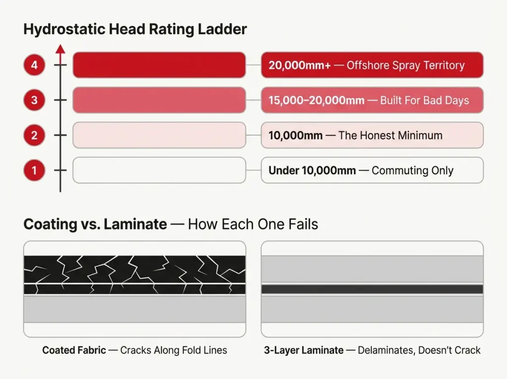 Infographic showing hydrostatic head rating tiers from under 10K to 20K+ with capability labels and a coating vs laminate fabric cutaway comparison