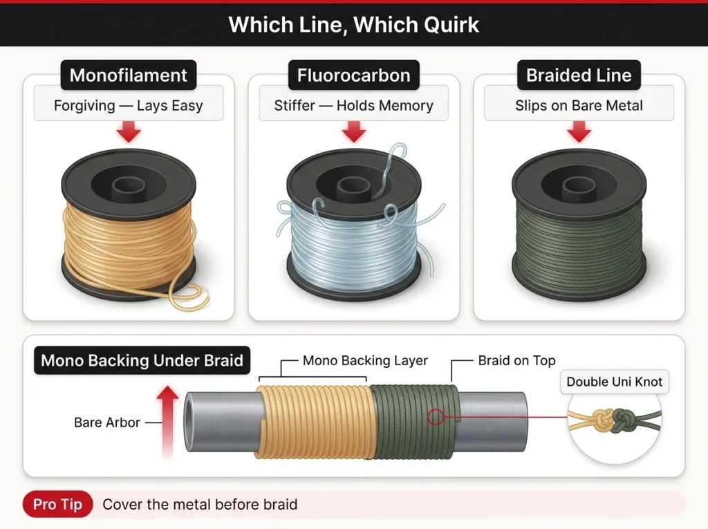 Infographic comparing mono, fluoro, and braid spooling quirks with a cross-section of mono backing under braided line