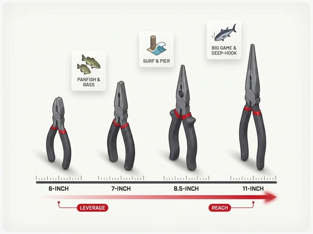 Diagram showing fishing plier length sizes from 6 to 11 inches matched to panfish, surf, and big-game fishing scenarios