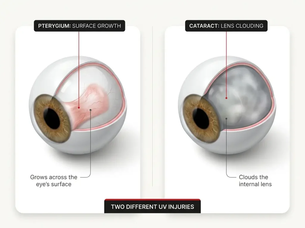Infographic showing pterygium surface growth vs cataract lens clouding as two distinct UV eye injuries with labeled cross-sections