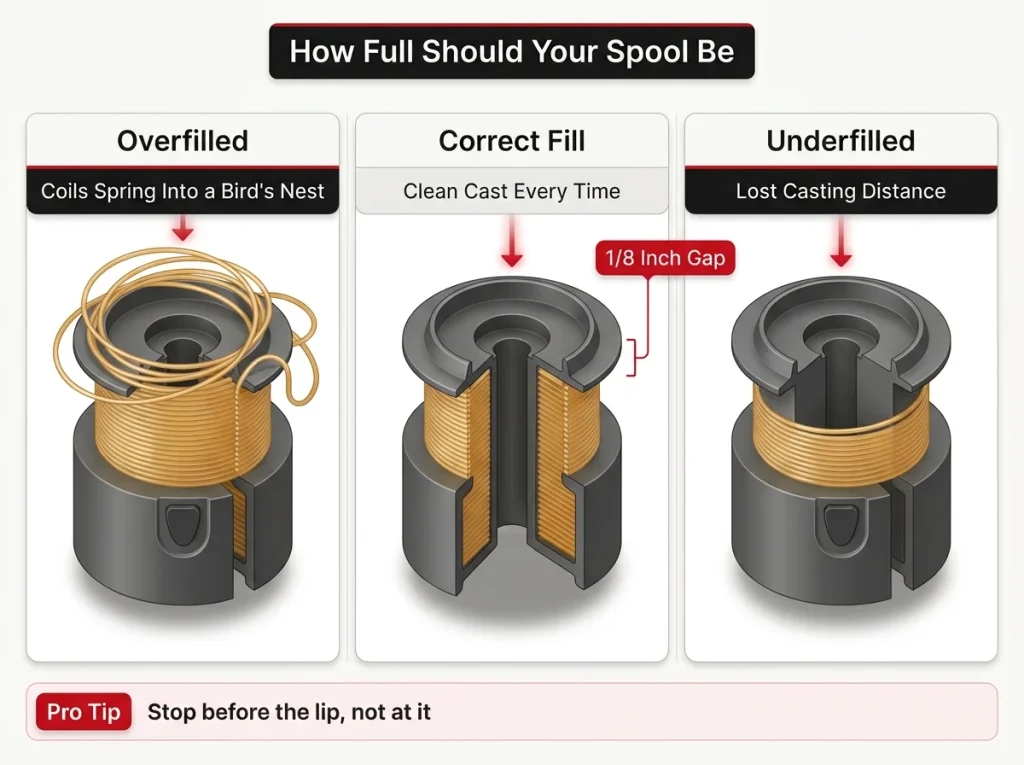 Annotated diagram comparing correct 1/8-inch spool fill gap against overfilled and underfilled reels with cast outcomes labeled