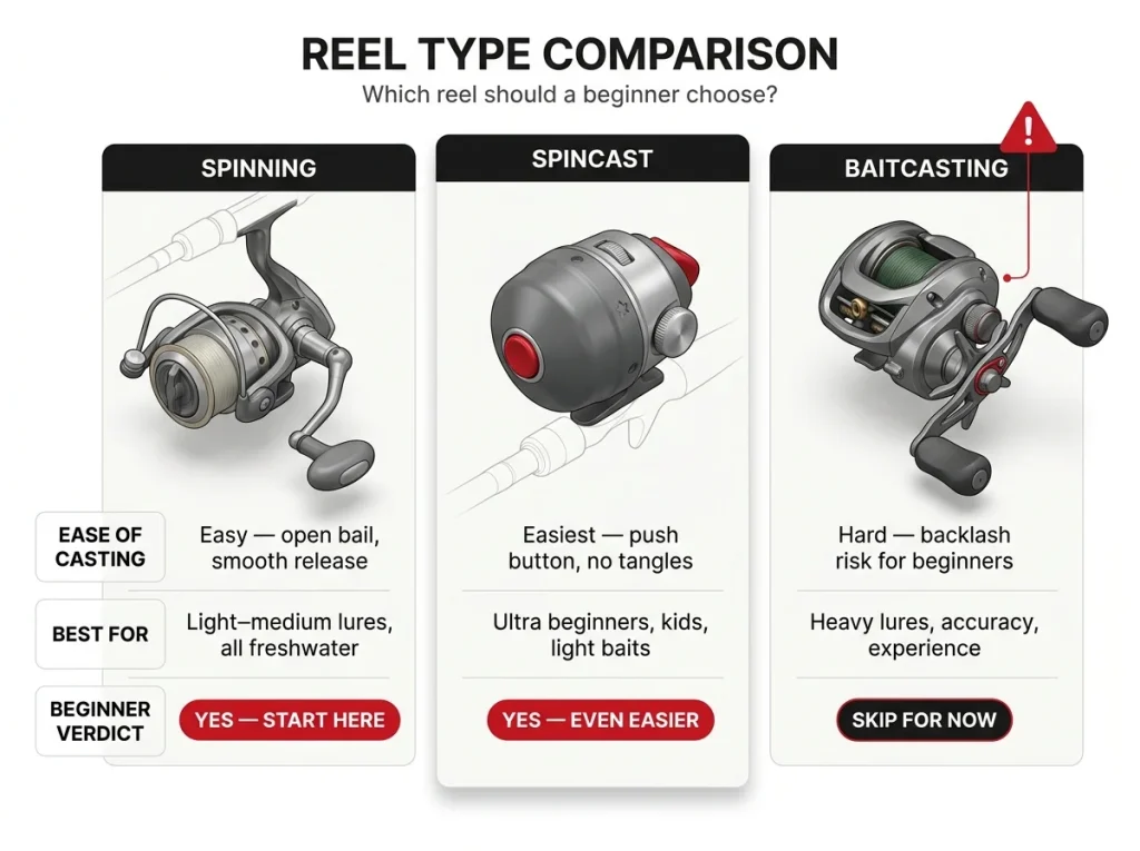 Comparison infographic showing spinning vs spincast vs baitcasting reels with ease of casting, best use, and beginner verdict labels