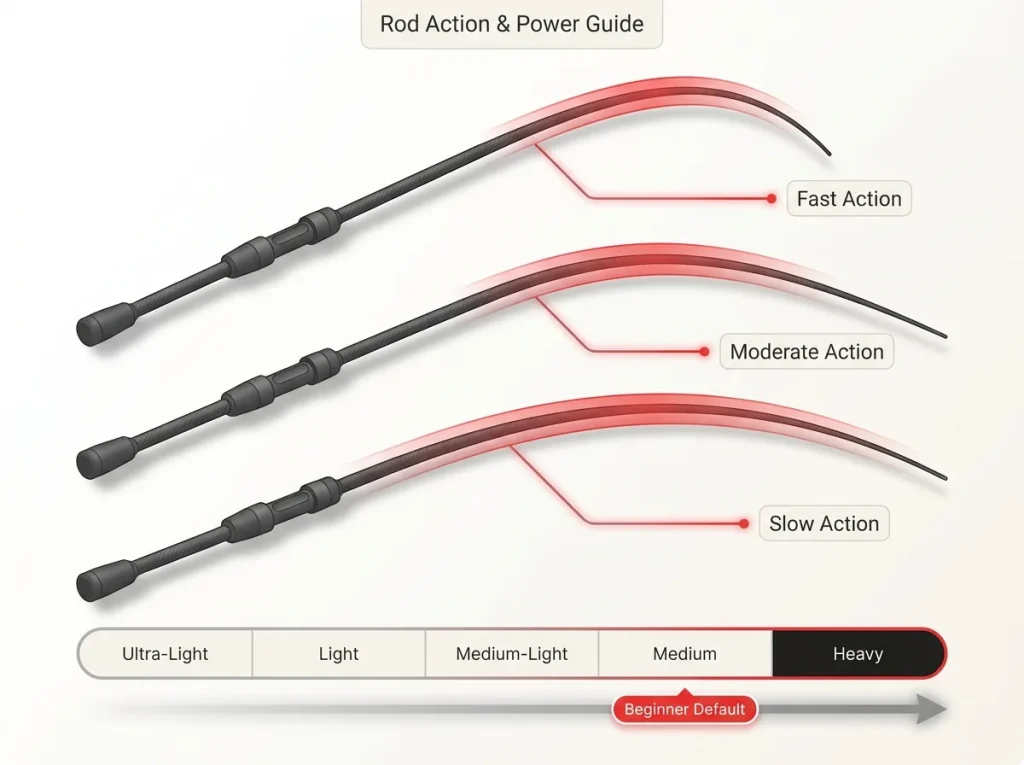 Diagram showing spinning rod bend zones for fast, moderate, and slow action with matching power scale from ultralight to heavy