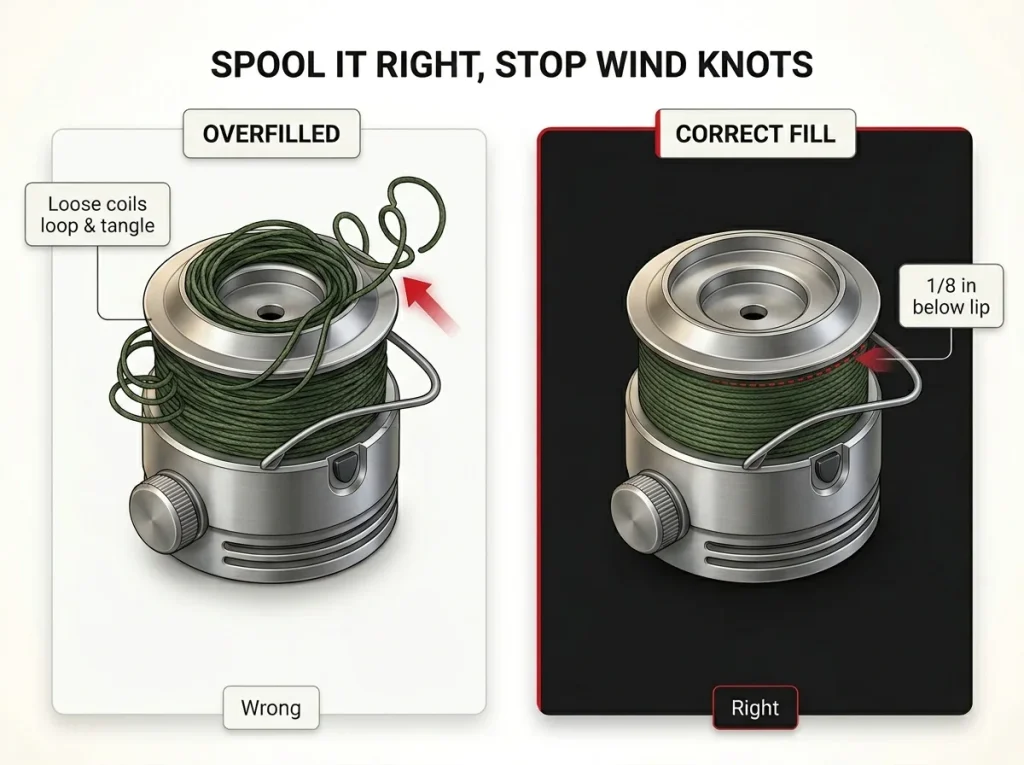 Two-panel diagram comparing an overfilled spinning reel spool that causes wind knots against a correctly filled spool with an eighth-inch gap