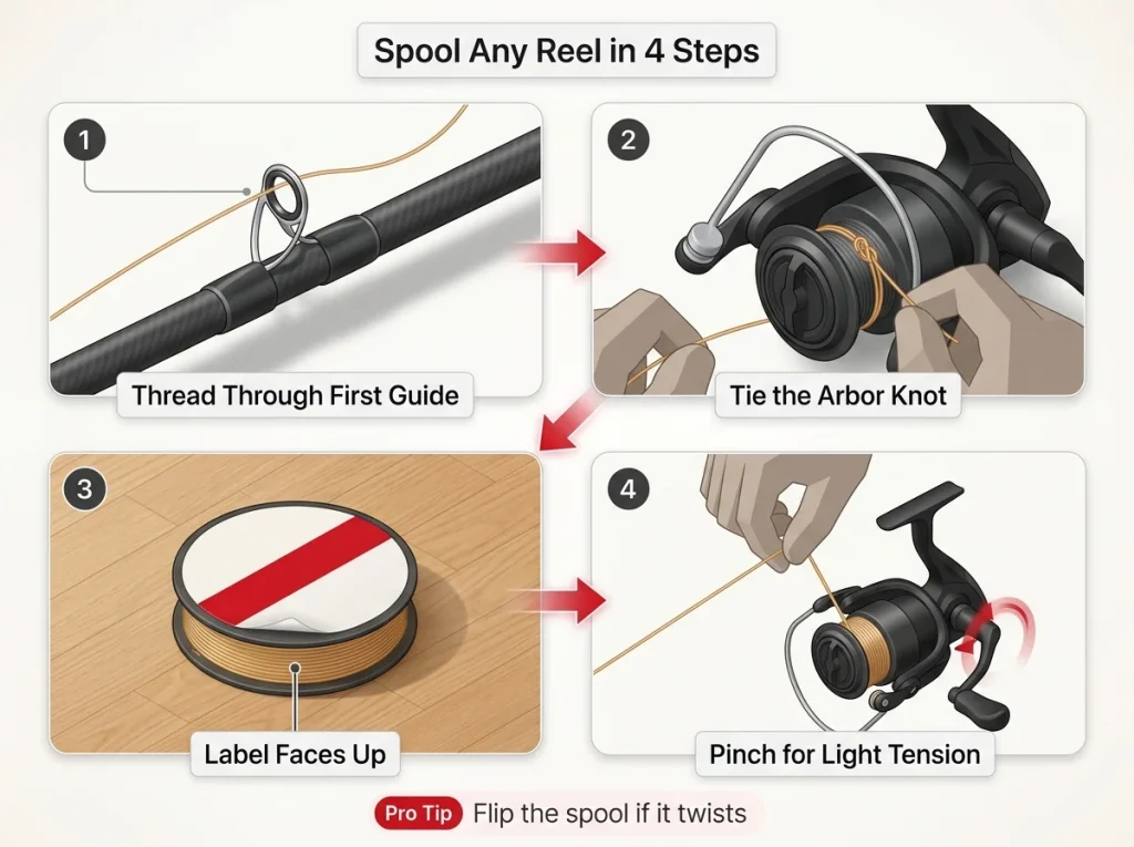 Infographic showing 4-step spinning reel spooling sequence with label-up filler spool orientation and tension technique