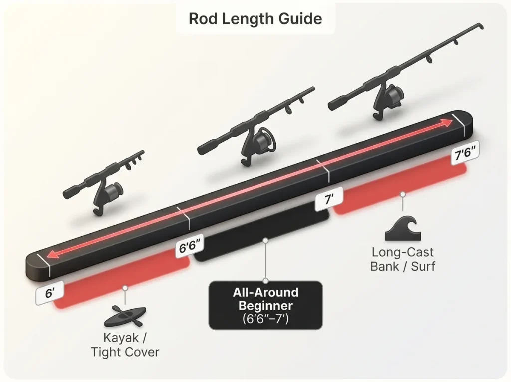 Infographic showing spinning rod length scale from 6' to 7'6" with labeled zones for kayak, all-around, and surf casting