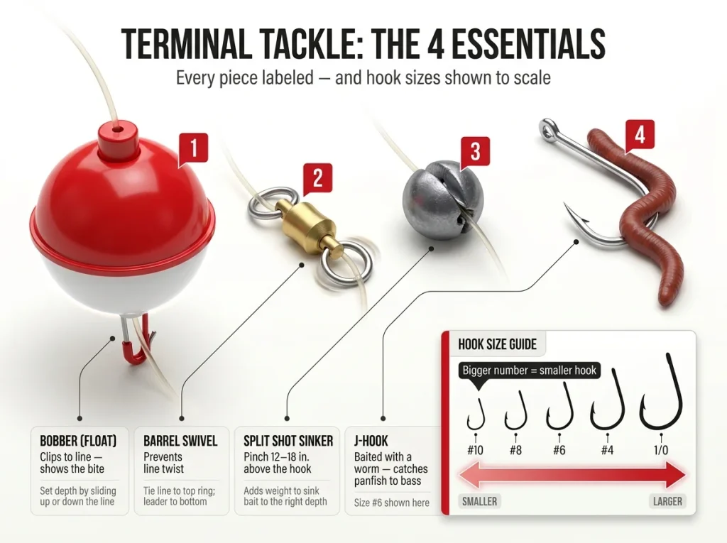 Annotated diagram showing terminal tackle components — hook, split shot, swivel, bobber — with hook size comparison chart from #10 to 1/0