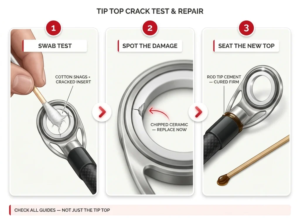 Step-by-step infographic showing the cotton swab tip top crack test, chipped ceramic insert close-up, and glued replacement guide seated on rod