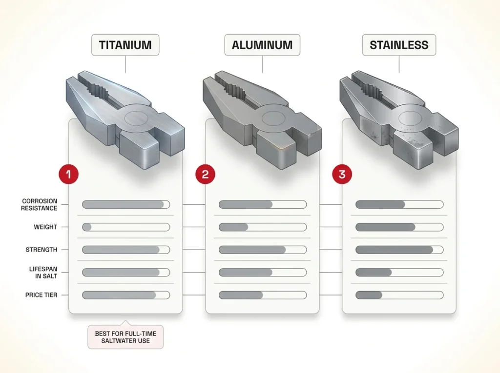 Comparison chart of titanium, aluminum, and stainless fishing plier materials showing corrosion resistance, weight, strength, and price
