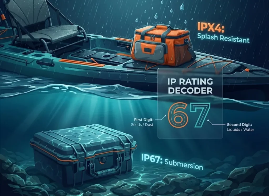 A split-level educational infographic illustrating Ingress Protection ratings. The top half shows a fishing kayak in rain labeled IPX4 (Splash Resistant), while the bottom half shows a submerged case labeled IP67 (Waterproof Submersion), with a central breakdown of the IP numbering system.
