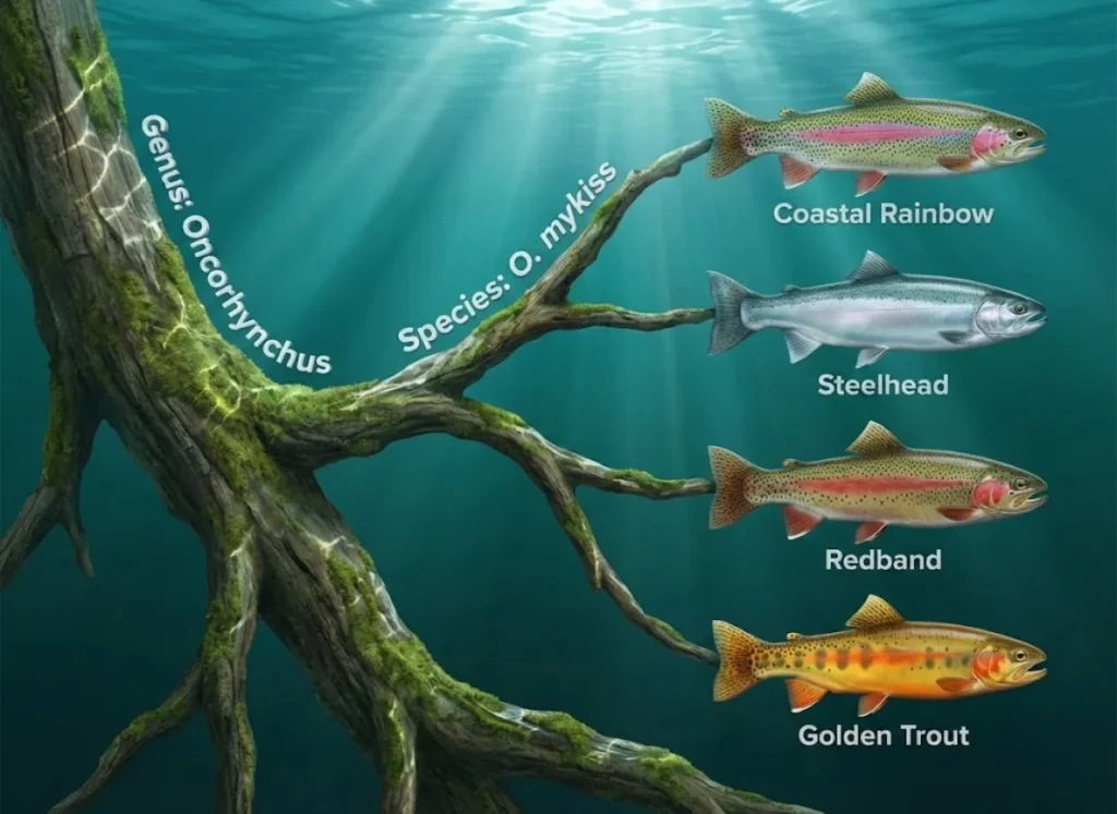 A stunning underwater infographic showing the evolutionary family tree of the Oncorhynchus mykiss. A central driftwood branch divides into four paths, featuring hyper-realistic illustrations of a Coastal Rainbow Trout, a Steelhead, a Redband Trout, and a Golden Trout, illuminated by underwater sunbeams.