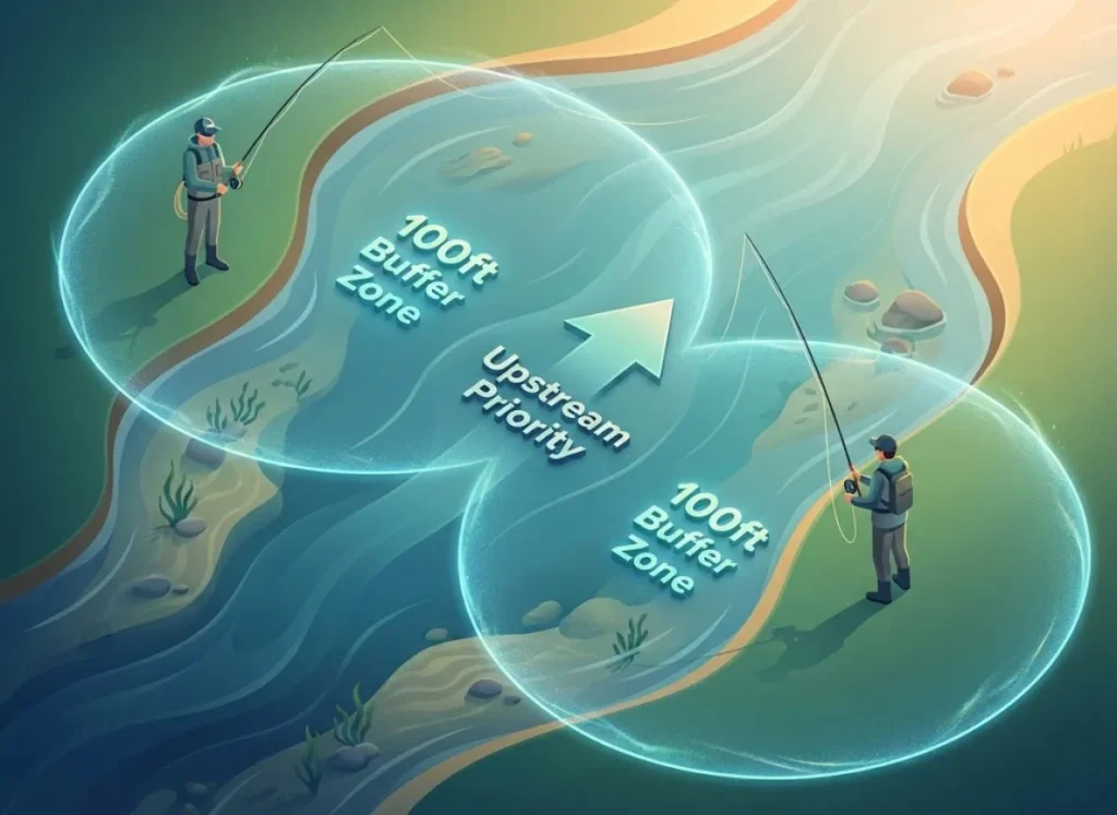 An infographic illustrating proper fly fishing river etiquette, showing two anglers on a river with a 100-foot buffer zone around each, labeled 'The Angler's Sphere'.