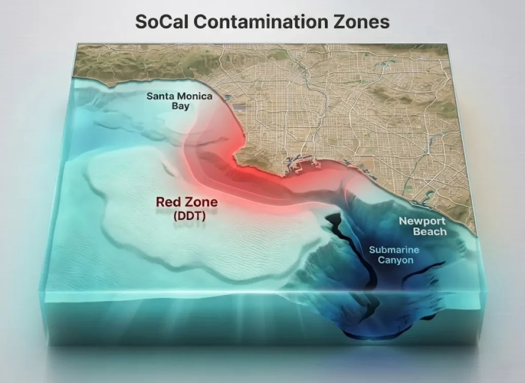 A sophisticated 3D isometric map of the Southern California coastline comparing the deep submarine canyon at Newport Beach with the sandy shelf at Santa Monica, overlaid with a translucent red gradient indicating the DDT contamination zone.