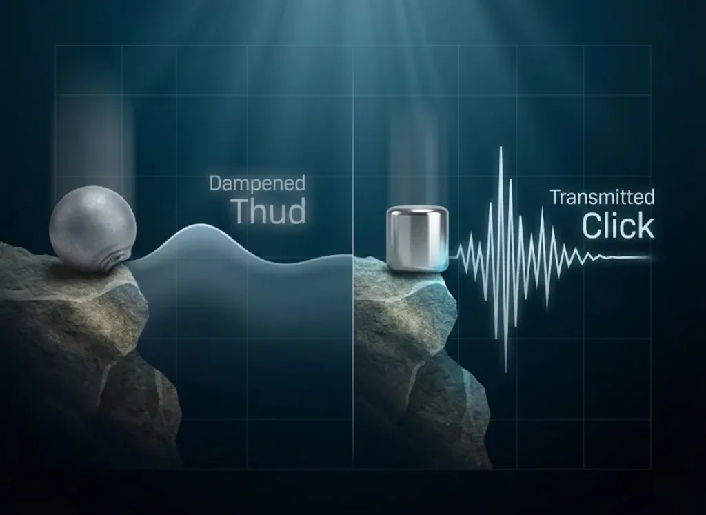 A split-screen educational infographic comparing fishing weights. The left side shows a lead weight hitting a rock, creating a smooth, low wave labeled "Dampened / Thud." The right side shows a tungsten weight hitting a rock, creating a sharp, jagged wave labeled "Transmitted / Click," visualizing acoustic sensitivity.