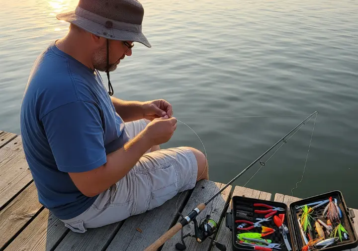 A full-body shot of a man sitting on a dock next to his tackle box, focused on tying a knot for his jigging rod setup.
