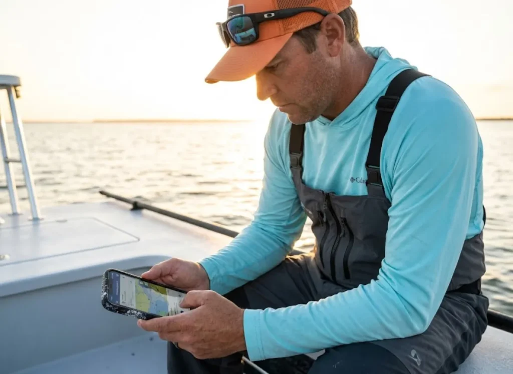 An angler on a boat looking at a fishing regulation app on a smartphone.