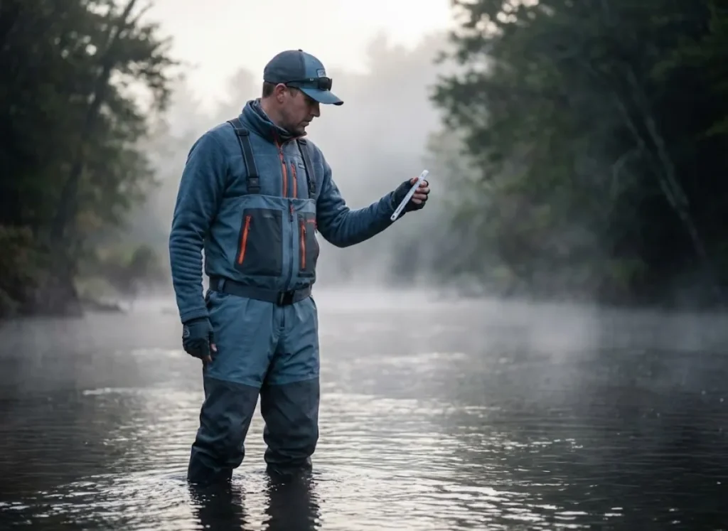 An angler standing in a misty river at dawn checking a water thermometer.
