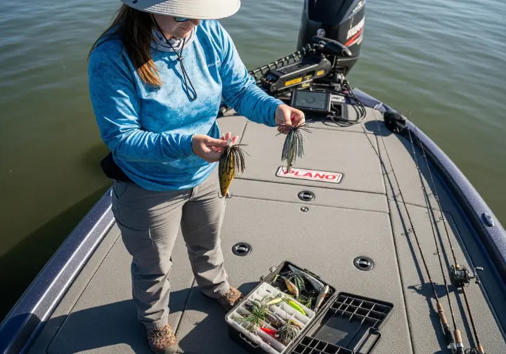 A full-body shot of a woman in fishing gear standing on a boat, comparing two different types of bass jigs from her tackle box.
