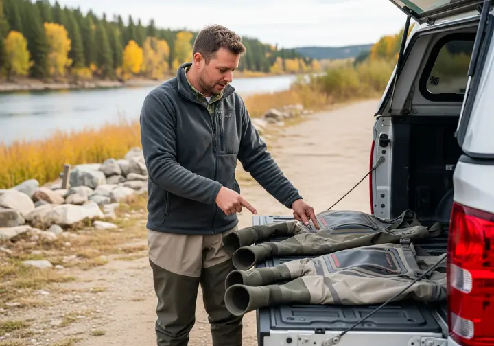A full-body shot of a man comparing two different pairs of fly fishing waders laid out on the tailgate of his truck.