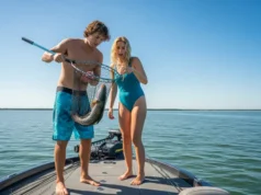 Lead-Free Tackle: A Data-Backed Performance Guide A full-body shot of a young couple on a fishing boat, looking at a strange invasive fish they have just caught in their net under the bright sun.