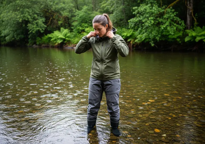 A woman in a rain jacket and wading boots stands in a river and adjusts her hood, thoughtfully choosing the right gear.