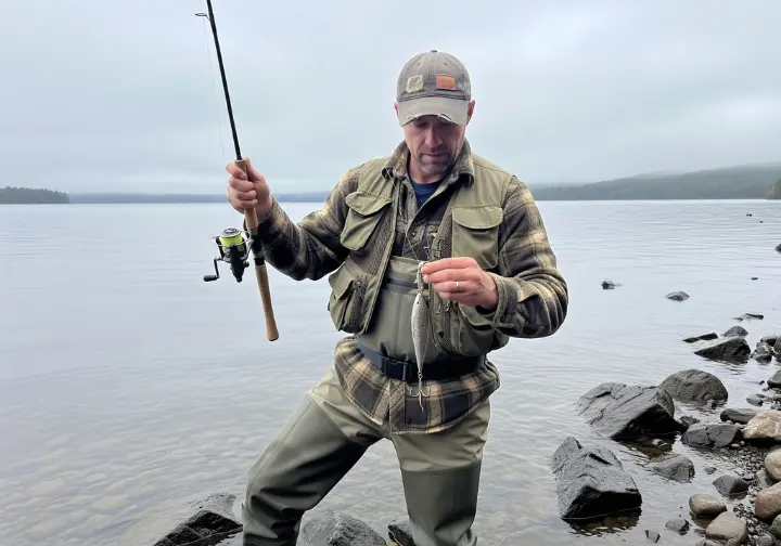 A full-body shot of an angler in waders and a vest, standing on a rocky shore and looking at the jig lure in his hand.
