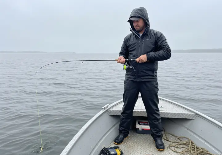 A full-body shot of a man in rain gear standing on a boat, intently watching his fishing line to detect a subtle jig bite.
