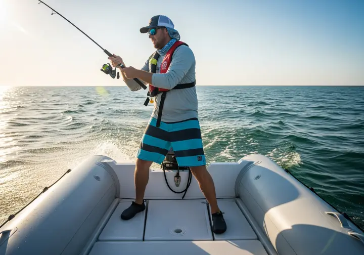 A full-body action shot of a man in a life vest and boardshorts standing on an inflatable catamaran boat and fighting a fish on his line in open water.
