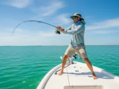 The Species-Specific Guide to Setting Your Fishing Drag Full-body shot of an angler on a boat, wearing a sun hat and fishing shirt, with his rod bent deeply as he fights a fish, demonstrating the use of fishing drag.