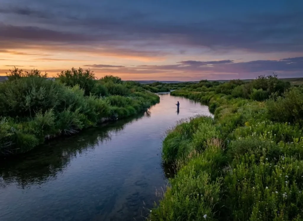 A scenic view of a healthy, restored river ecosystem with a lone angler fishing in the distance at dusk.