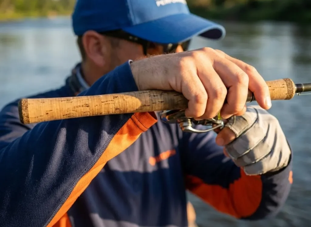 Weathered hands of an angler gripping the cork handle and reel seat of a fishing rod in golden sunlight.