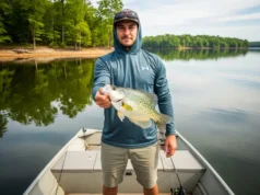 Mastering How to Catch Crappie: A Complete Angler System A full-body shot of a man in fishing clothes standing on a boat and holding a crappie he just caught.