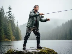 Match Your Rain Gear to Your Fishing: A 2025 Buyer’s Guide A full-body shot of a man in a full rain suit and boots fishing from a rocky shoreline on a rainy, overcast day.