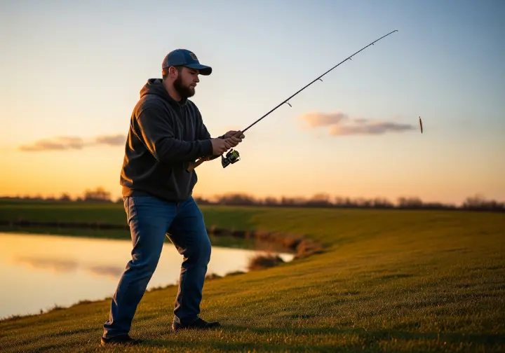 A full-body action shot of a man practicing the upward "pop" of a jigging retrieve while fishing from a pond bank at sunset.
