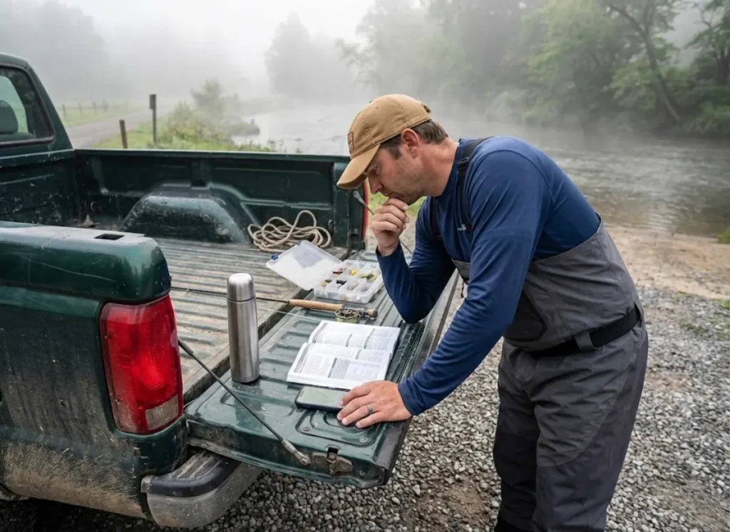An angler studying fishing regulations and maps on the tailgate of a truck before a fishing trip.