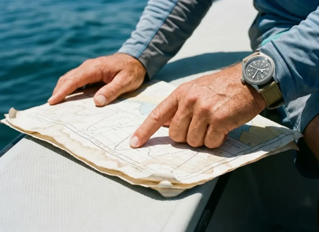 Close up of fisherman's hands reading a tide chart and checking a watch on a boat.