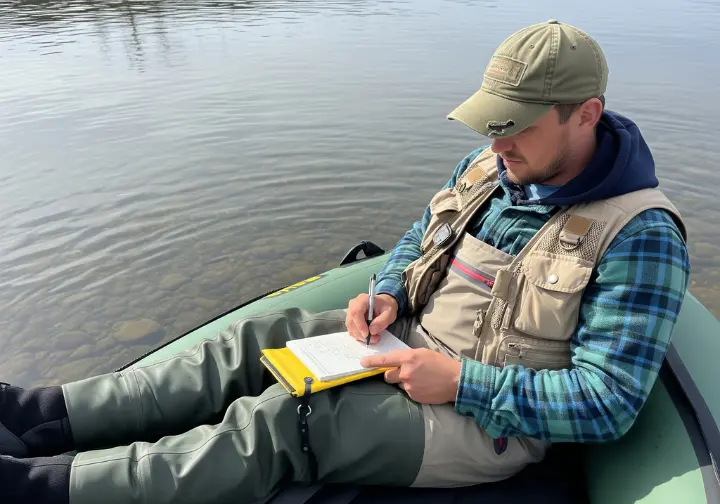 A full-body shot of a female angler in waders sitting on her inflatable boat in a river, writing notes in a small notepad.