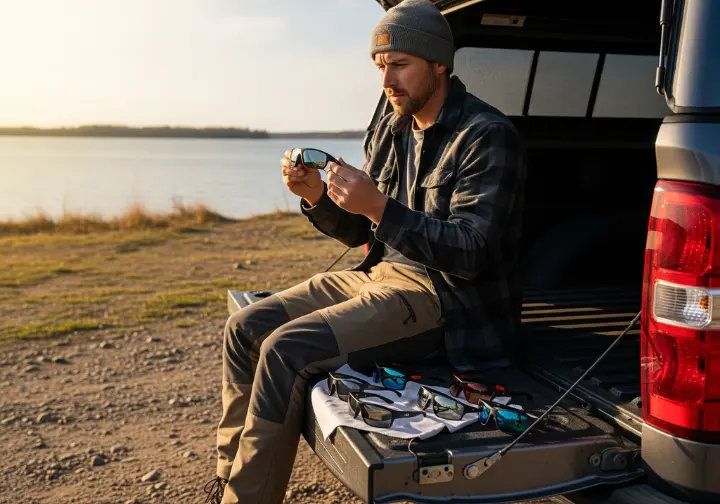 A full-body view of an angler sitting on a truck's tailgate by a lake, carefully examining one of several pairs of fishing sunglasses.