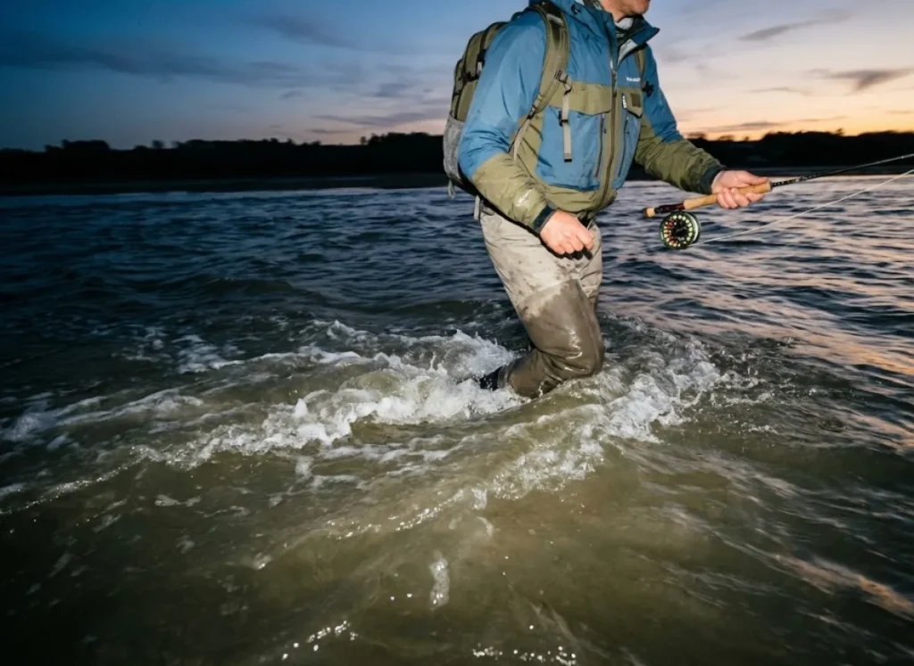 Fisherman wading through deep, fast-moving water trying to reach the shore during a rising tide.