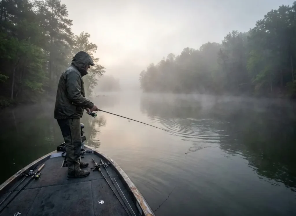 An angler on a boat bow performing the walk-the-dog retrieve technique with the rod tip down during a foggy morning.
