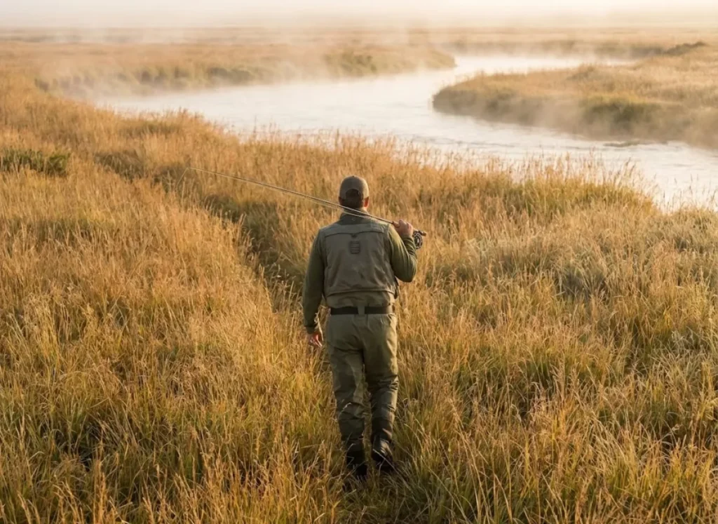 An angler walking through tall grass towards a river carrying a fly rod with the tip pointing backward.