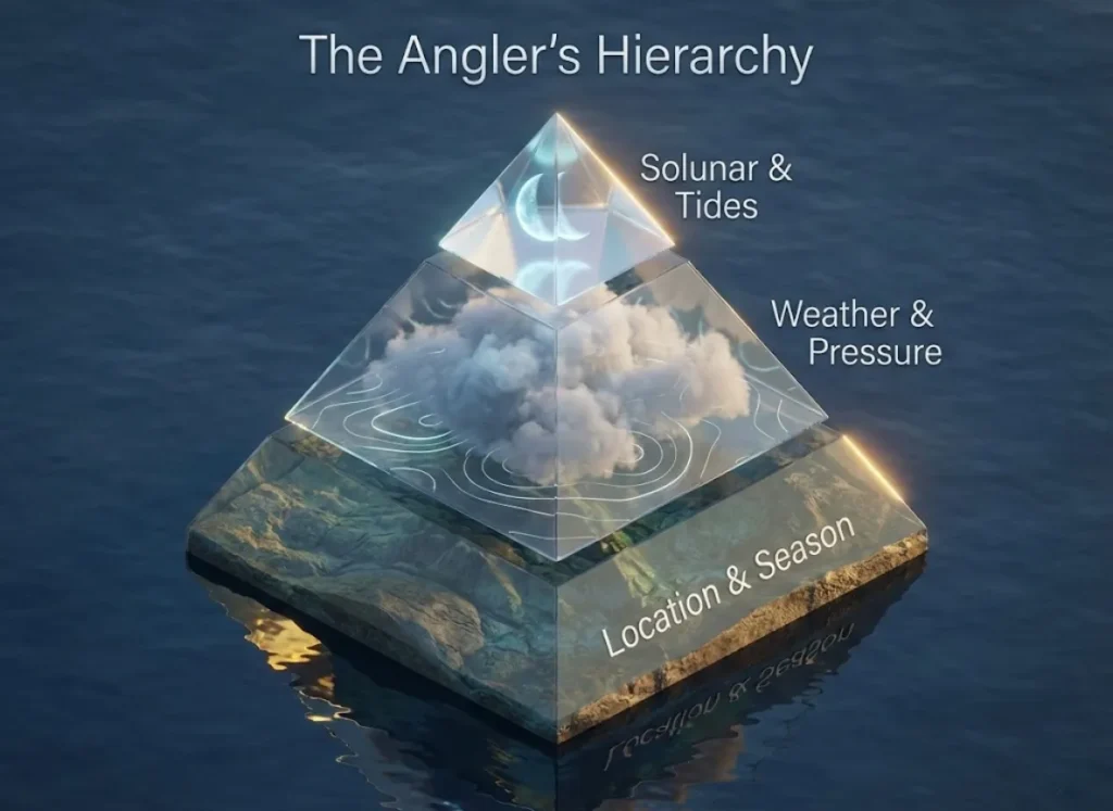A stunning 3D isometric pyramid infographic rising from water, illustrating "The Angler's Hierarchy." The base represents Location/Season, the middle represents Weather/Pressure with storm clouds, and the peak represents Solunar/Tides with a glowing moon.