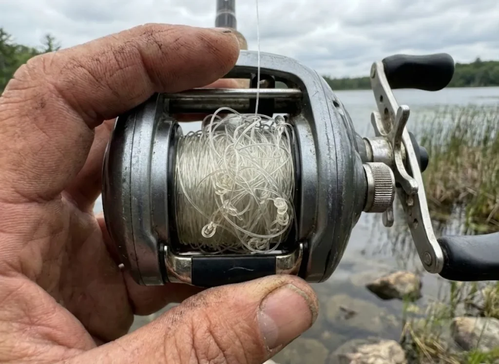 Close-up of a severe fishing line tangle or bird's nest on a baitcasting reel spool.